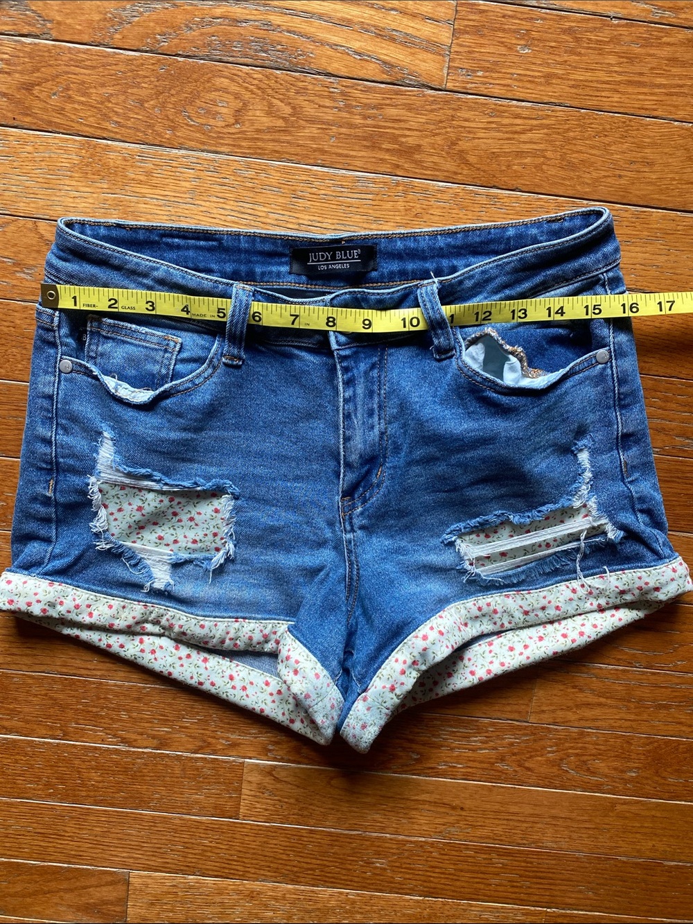 Cute Judy Blue Distressed Denim Shorts with Floral Roll-Cuff